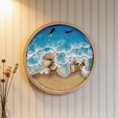 Handcrafted Ocean Resin Wall Art – Hammerhead Shark & Waves Round Decor