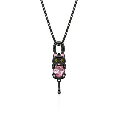 Jeulia Hug Me Black Cat Necklace with Pink Heart Stone