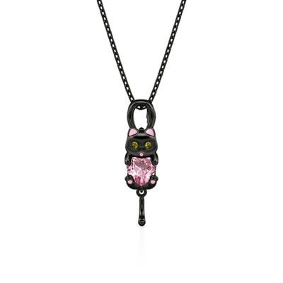 Jeulia Hug Me Black Cat Necklace with Pink Heart Stone