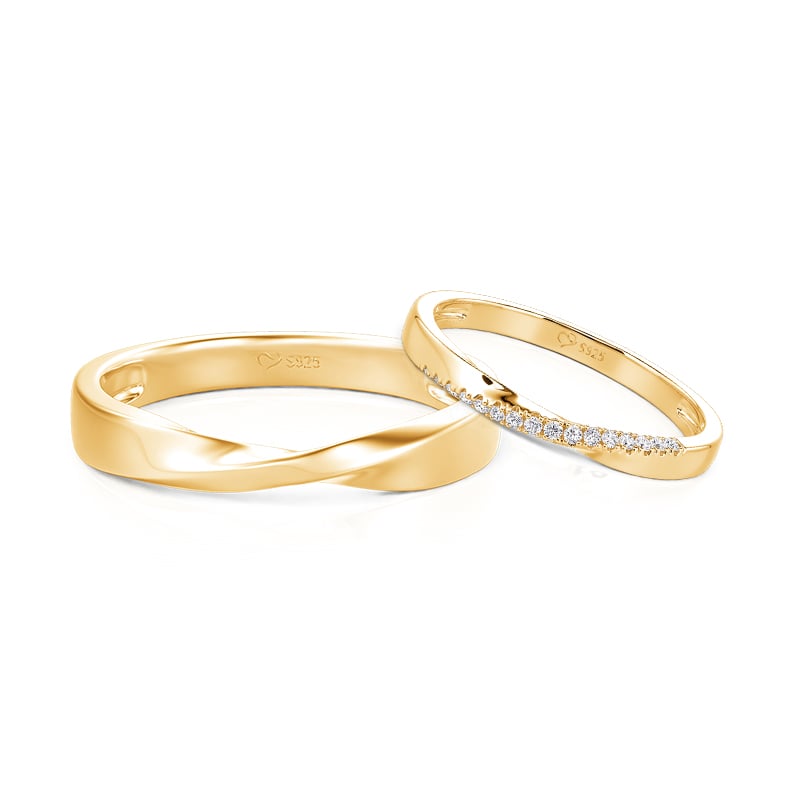 Jeulia Simple Twisted Gold Couple Ring Set Sterling Silver