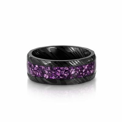 Jeulia Anillo para Hombre Acero Inoxidable Martillado Negro Piedra Púrpura