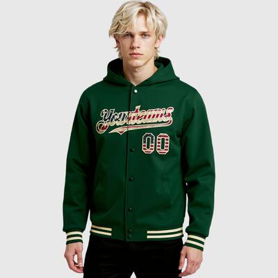 Custom Hoodie Jacket Green Vintage USA Flag-Cream Bomber Full-Snap Varsity Letterman Hoodie Jacket