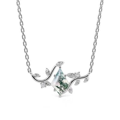 Jeulia Leaf Design Kite Cut Moss Agate Necklace Sterling Silver