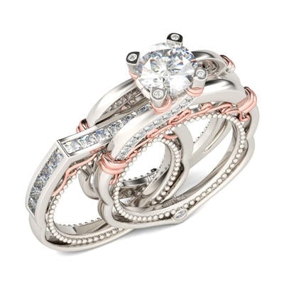 Jeulia Milgrain Interchangeable Round Cut Sterling Silver Ring Set