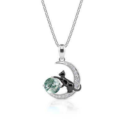 Jeulia "Black Cat on the Moon" Moss Agate Necklace