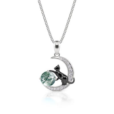 Jeulia "Black Cat on the Moon" Moss Agate Necklace