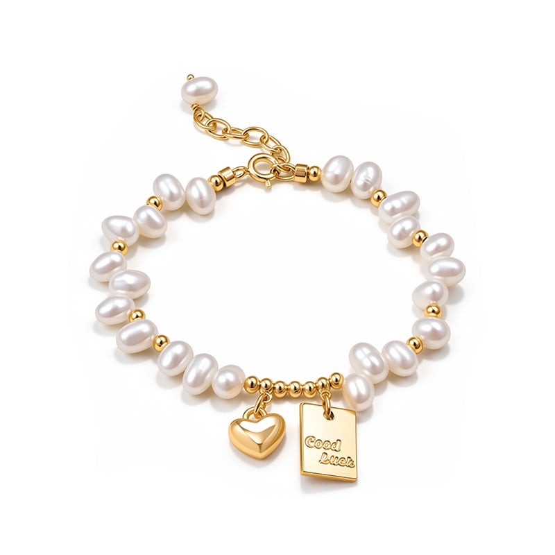 Jeulia Vintage Gold Heart-Shaped Pendant Baroque Pearl Bracelet