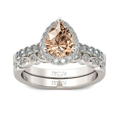 Jeulia Halo Milgrain Pear Cut Sterling Silver Ring Set
