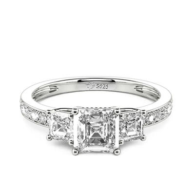 Jeulia Asscher Cut Three Stone Sterling Silver Engagement Ring