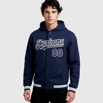 Custom Navy Vintage Full-Snap Varsity Letterman Hoodie Jacket for Casual Outings