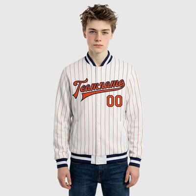 Custom White Pinstripe Varsity Letterman Jacket – Perfect for College Gatherings Sports Tournaments and Trendy Streetwear Looks