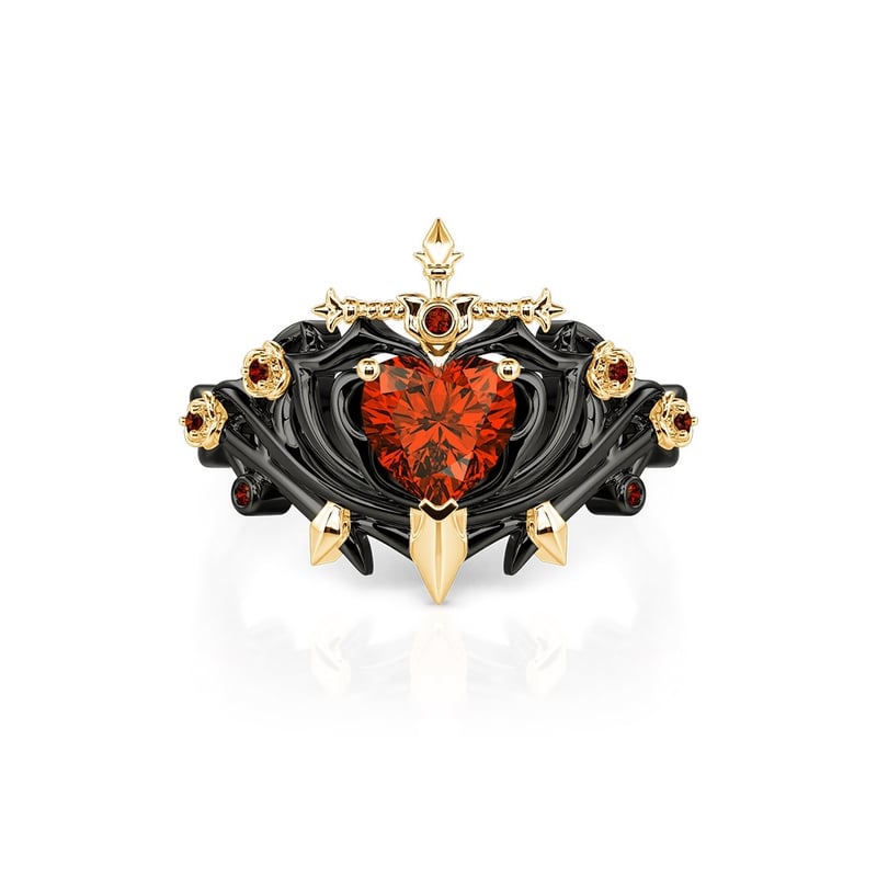 Jeulia Anillo con Espada Corazón Rojo con Argolla de Espinas Negras