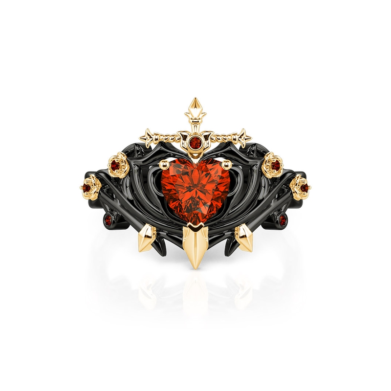 Jeulia Anillo con Espada Corazón Rojo con Argolla de Espinas Negras