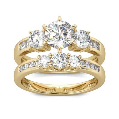 Jeulia Gold Tone Three Stone Round Cut Sterling Silver Ring Set