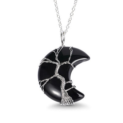 Jeulia "Spiritual Awakening" Winding Design Crescent Moon Natural Black Agate Necklace