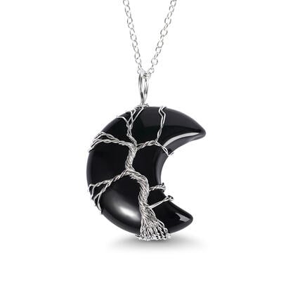 Jeulia "Spiritual Awakening" Winding Design Crescent Moon Natural Black Agate Necklace