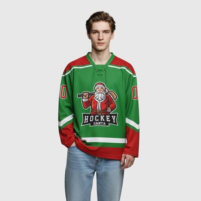 Custom Black Grass Green-White Christmas Santa Claus 3D Hockey Lace Neck Jersey