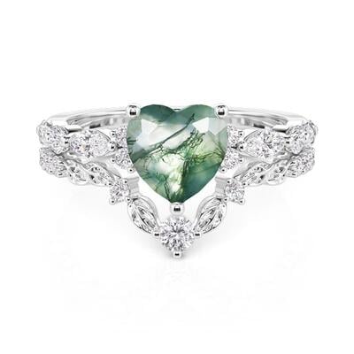 Jeulia Leaf Vine Heart Moss Agate Engagement Ring Set 2PCS