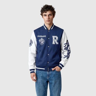 Vintage Blue Fantasy School Varsity Jacket, Personalized Team Name & Number, Wizard Inspired Casual Streetwear for Men & Women