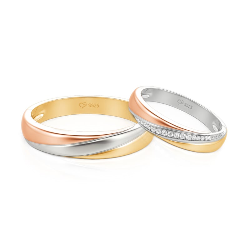 Jeulia Classic Tri-Color Couple Ring Set Sterling Silver