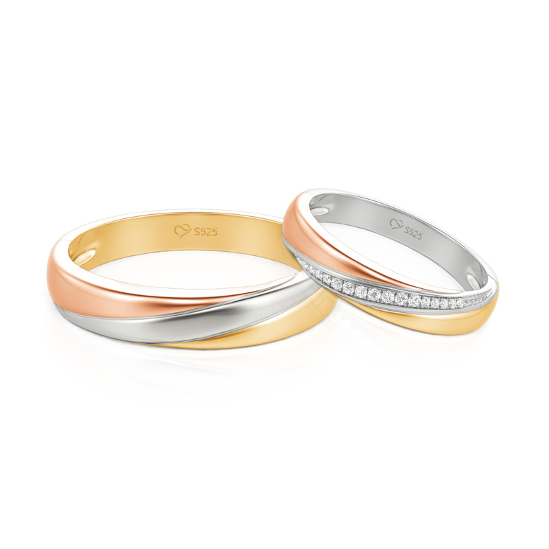 Jeulia Classic Tri-Color Couple Ring Set Sterling Silver