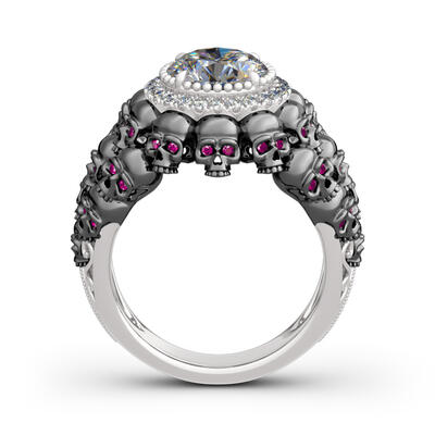 Jeulia Two Tone Halo Round Cut Sterling Silver Skull Ring
