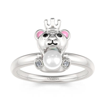 Jeulia Hug Me "Tiny Bear" Cultured Pearl Sterling Silver Ring