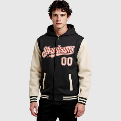 Custom Black Cream Bomber Full-Snap Varsity Letterman Two Tone Hoodie Jacket for Campus Life
