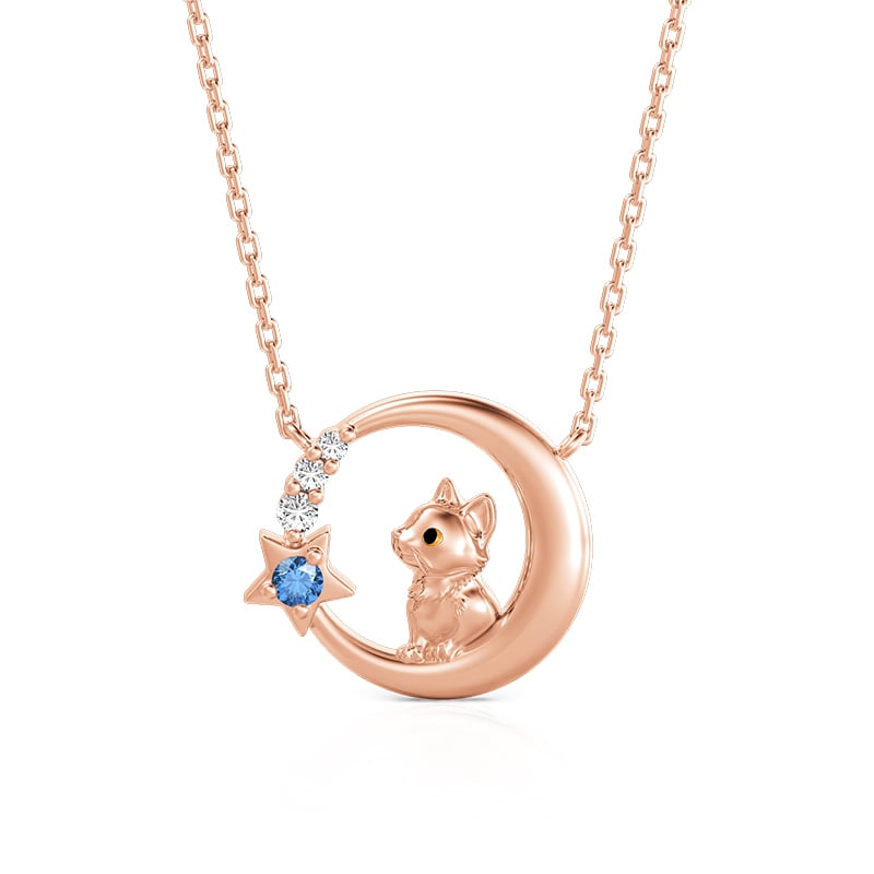 Jeulia Collier Chat Lune Étoile Personnalisé en Or Rose avec Pierre de Naissance