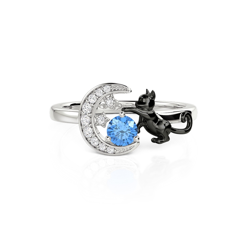 Jeulia Anillo Gato Negro Luna y Estrellas Personalizado con Piedra de Nacimiento
