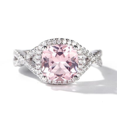 Jeulia Twist Halo Cushion Cut Synthetic Morganite Sterling Silver Ring