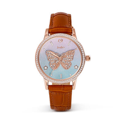 Jeulia "Dreamy Rainbow" Butterfly Design Quartz Brown Leather Watch with Ombre Dial