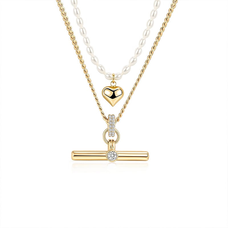 Jeulia Andy Style Gold T-Bar Pearl Necklace Set
