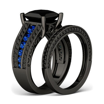 Jeulia Black Vintage Princess Cut Sterling Silver Ring Set