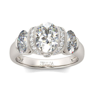 Jeulia Milgrain Three Stone Oval Cut Sterling Silver Ring