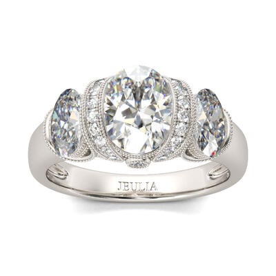 Jeulia Milgrain Three Stone Oval Cut Sterling Silver Ring