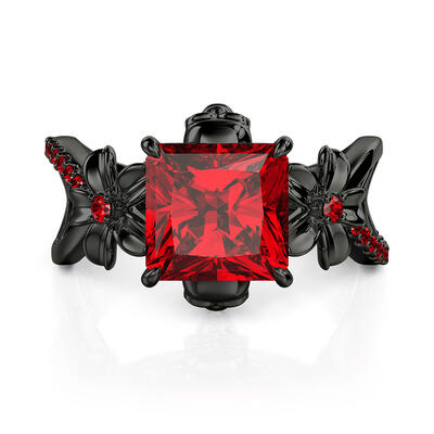 Jeulia Anillo de Calavera Negro Gótico con Rubí Radiante Floral y Montura Hueca