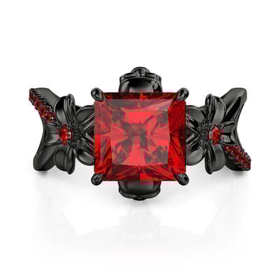 Jeulia Anillo de Calavera Negro Gótico con Rubí Radiante Floral y Montura Hueca