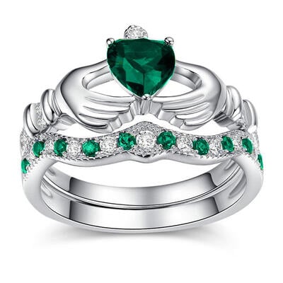 Jeulia Heart Cut Sterling Silver Claddagh Ring Set