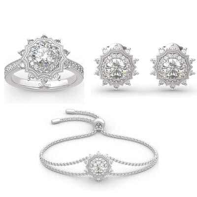 Jeulia "Winter Love" Snowflake Round Cut Sterling Silver Jewelry Set