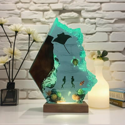 Reslol Manta Ray & Diver Epoxy Ocean Wood Night Lamp
