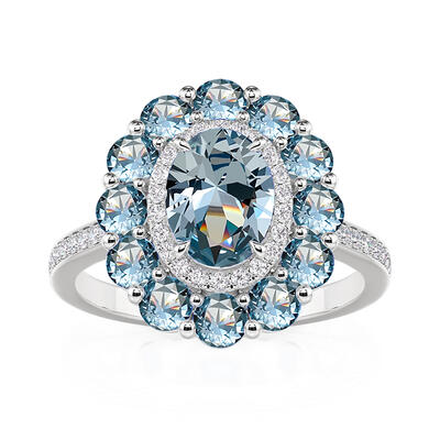 Jeulia Summer Seaside Halo Aquamarine Engagement Ring Sterling Silver