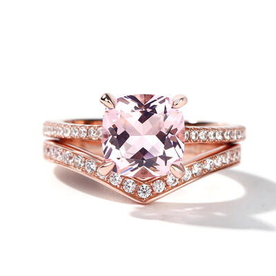 Jeulia Cushion Cut Synthetic Morganite Sterling Silver Ring Set