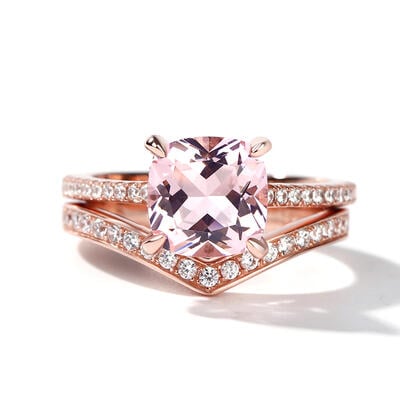 Jeulia Cushion Cut Synthetic Morganite Sterling Silver Ring Set