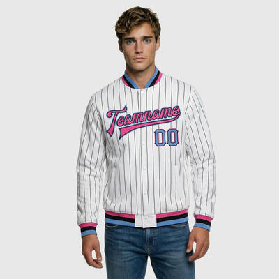 Custom White Pinstripe Full-Snap Varsity Letterman Jacket Suitable for Retro-Inspired Get-Togethers and Casual Coffee Runs