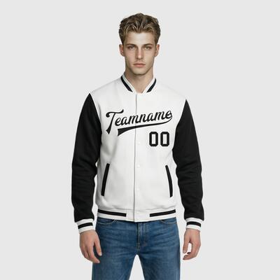 Custom Classic Black-White Full-Snap Two Tone Letterman Jacket – Ideal for Retro-Themed Markets and Nostalgic Social Gatherings