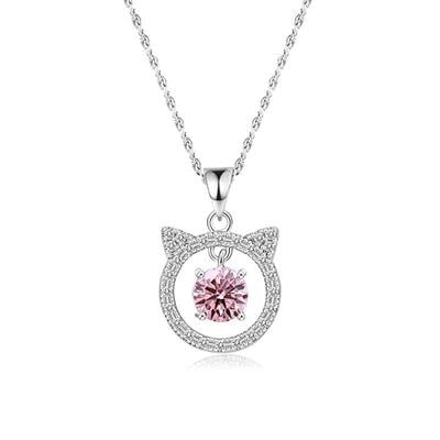 Jeulia Hollow Cat Necklace with Pink Stone Sterling Silver