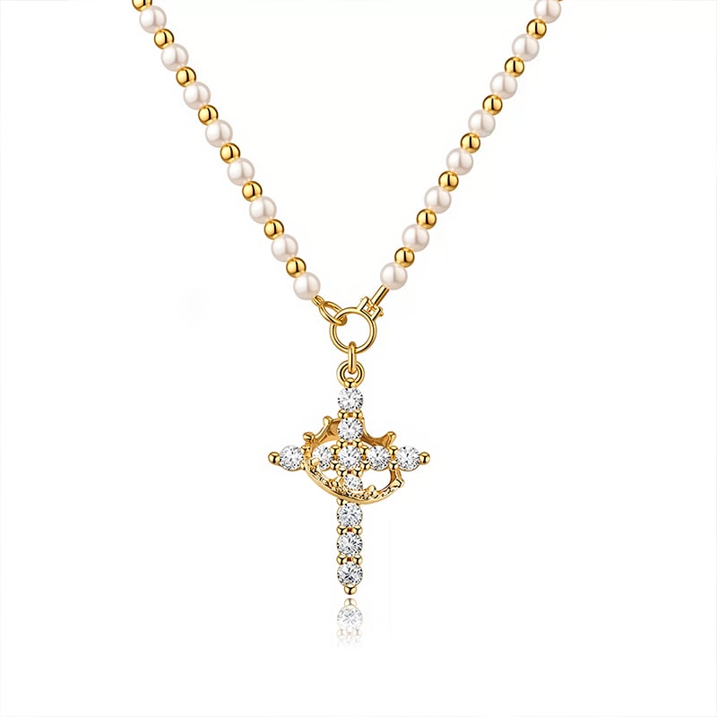 Jeulia Gold Pearl Chain Cross and Crown Necklace