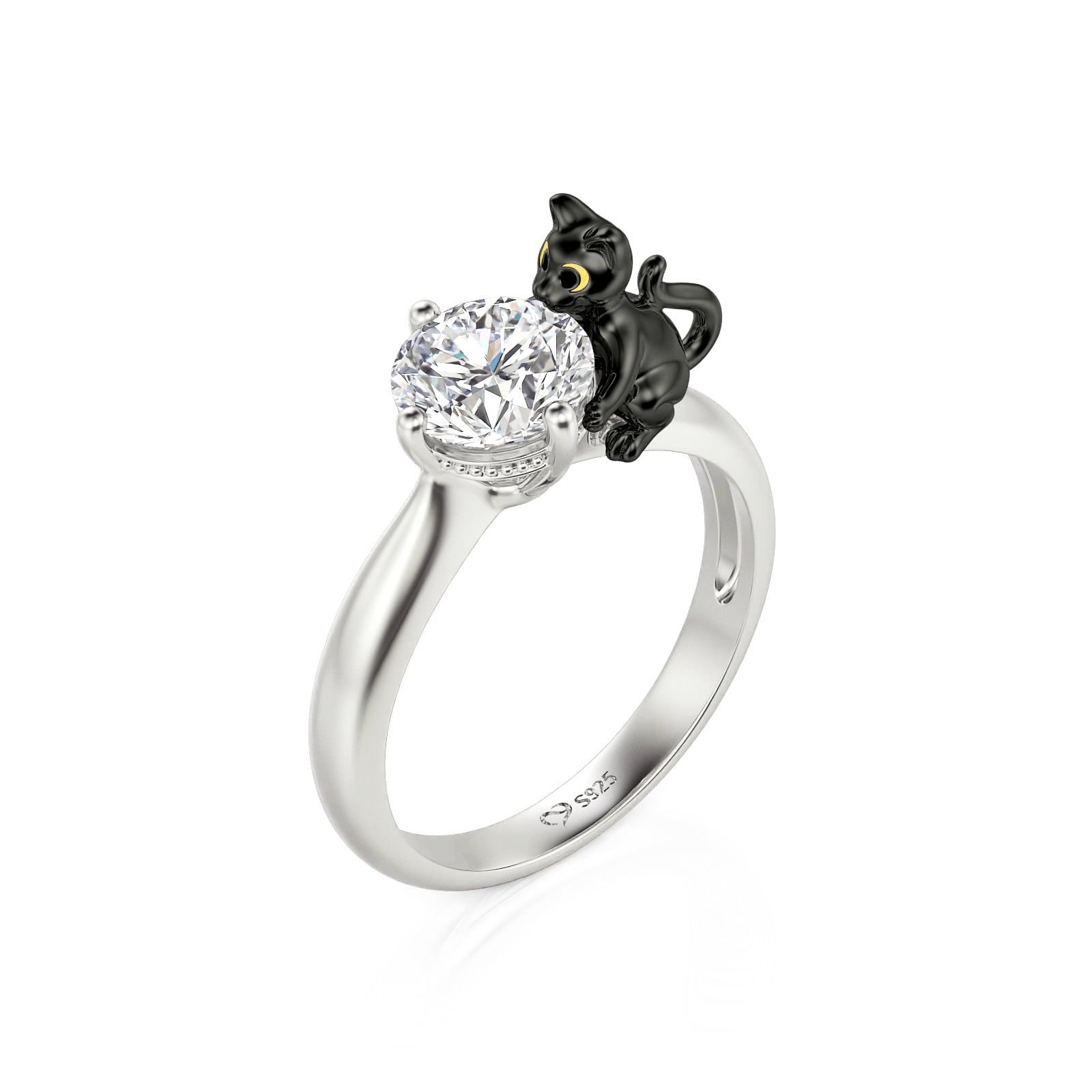 Jeulia Hug Me "Death Witness" Black Cat Round Cut Sterling Silver Ring