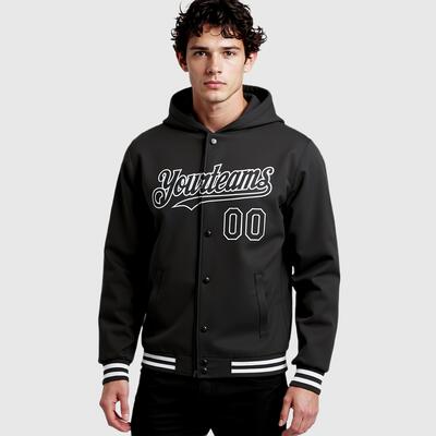 Custom Black Classic Vintage Full-Snap Letterman Varsity Hoodie Jacket for Everyday Commute